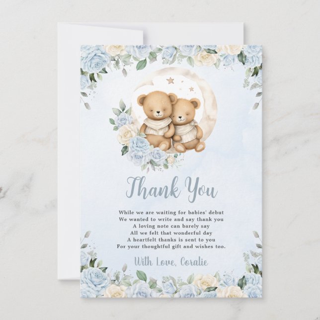 Carte De Remerciements Cute Twins Nounours Blue Floral Boy Baby shower (Devant)