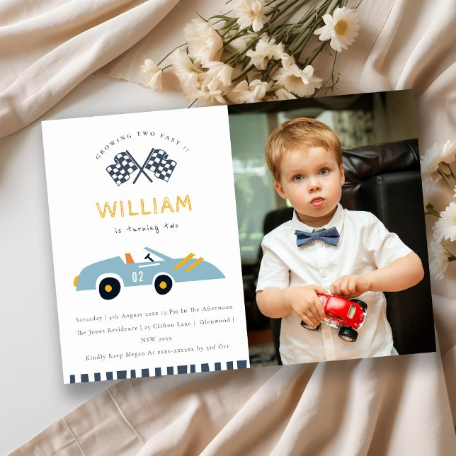 Carte De Remerciements Cute Two Fast Race Car Photo 2nd Birthday Invitati (Créateur téléchargé)