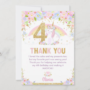 Carte De Remerciements Cute Unicorn 4e anniversaire Rainbow Floral
