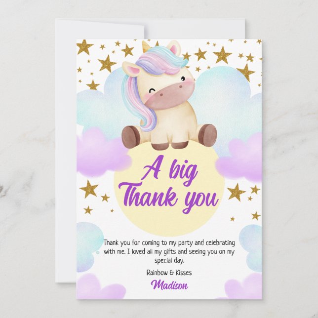 Carte De Remerciements Cute Unicorn et Gold Stars Anniversaire (Devant)