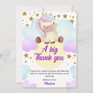 Carte De Remerciements Cute Unicorn et Gold Stars Anniversaire