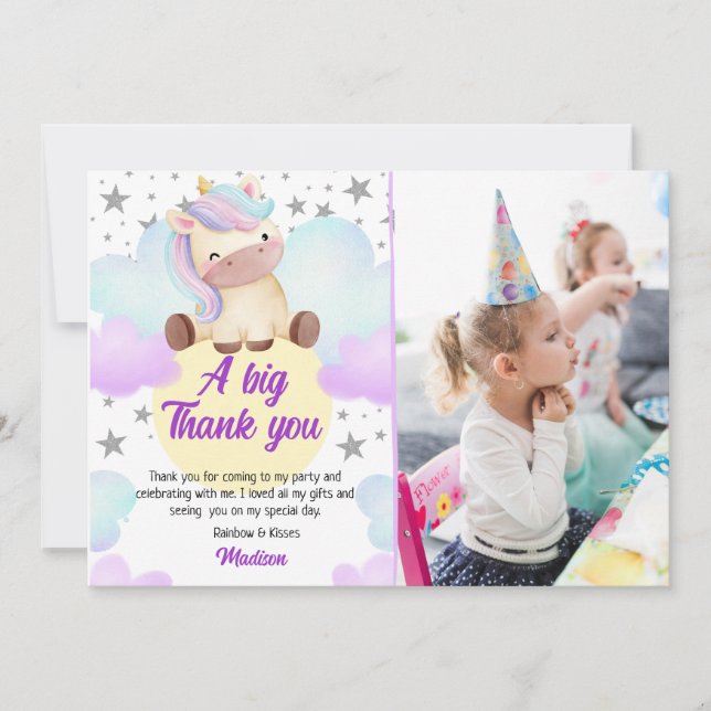Carte De Remerciements Cute Unicorn et Silver Stars Photo Anniversaire (Devant)