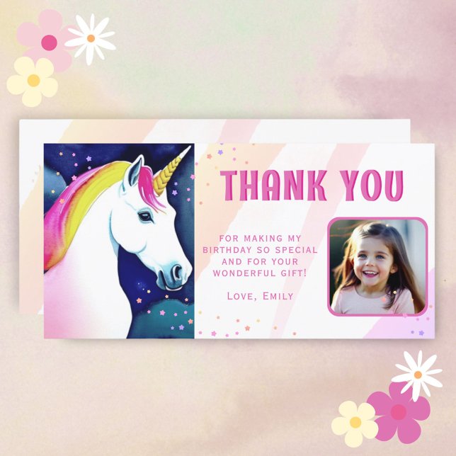 Carte De Remerciements Cute Unicorn Magique Girl Birthday Photo (Créateur téléchargé)