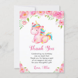 Carte De Remerciements Cute Unicorn Rainbow Floral Girl Birthday Party