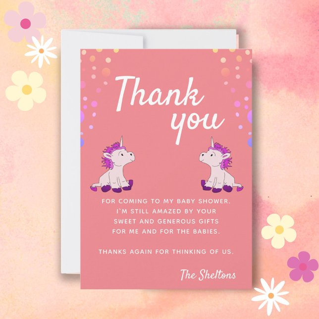 Carte De Remerciements Cute Unicorn rose Twins Baby shower filles (Créateur téléchargé)