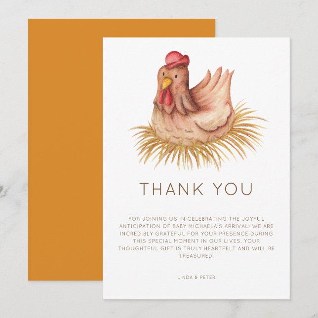 Carte De Remerciements Cute Watercolor Chicken Baby Shower (Devant / Derrière)