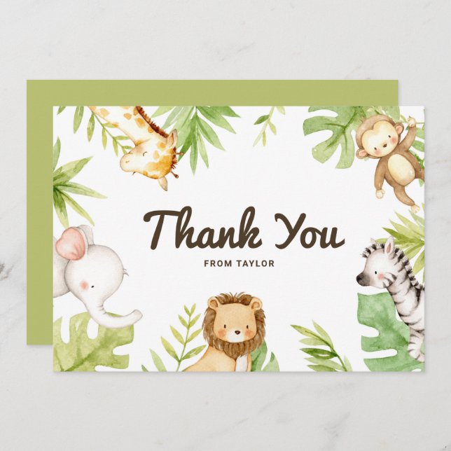 Carte De Remerciements Cute Watercolor Safari amis Anniversaire tropical (Devant / Derrière)