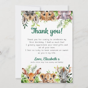 Carte De Remerciements Cute Watercolor Safari Animaux Anniversaire