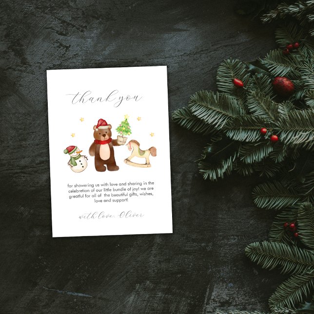 Carte De Remerciements Cute Winter Teddy Bear Snowman Toys Baby Shower (Cute Winter Teddy Bear Snowman Toys Baby Shower Thank You Card)