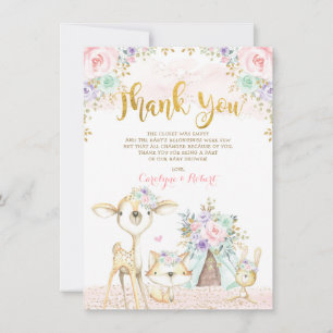 Carte De Remerciements Cute Woodland Animaux Mint Rose Gold Floral