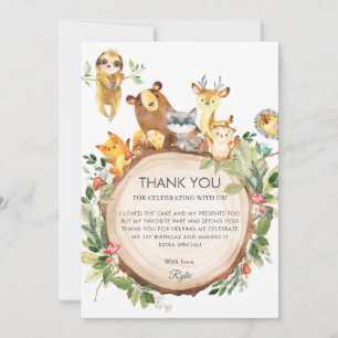 Carte De Remerciements Cute Woodland Animaux Végétation 1er anniversaire 