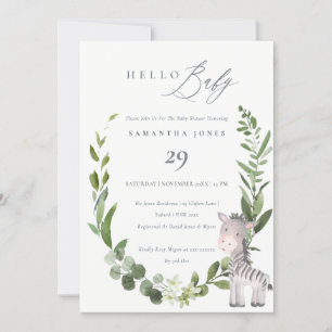 Carte De Remerciements Cute Zebra Foliage Wreath Hello Baby shower Invita