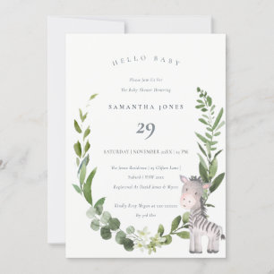 Carte De Remerciements Cute Zebra Foliage Wreath Hello Baby shower Invita