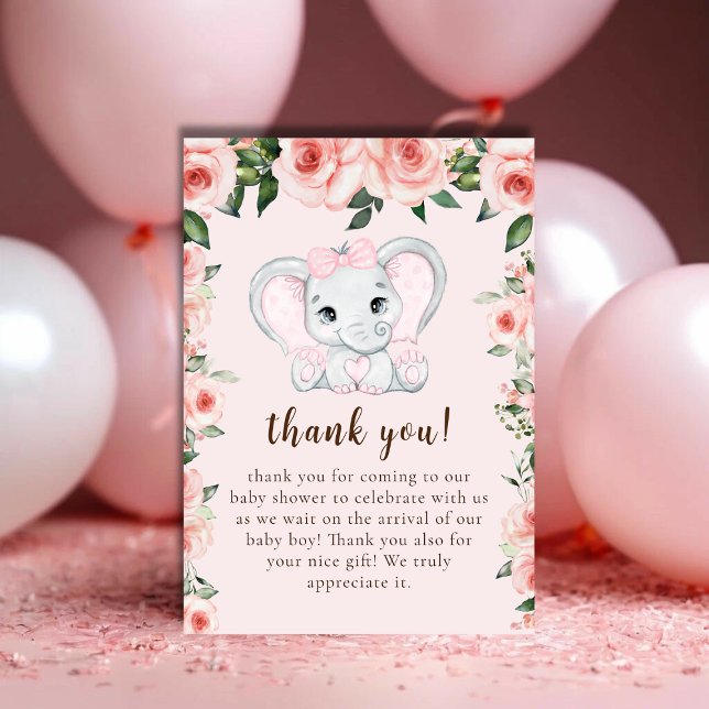 Carte De Remerciements Cutie Elephant Blush Rose Floral Girl Baby shower (Cutie Elephant Blush Pink Floral Girl Baby Shower Thank You Card)