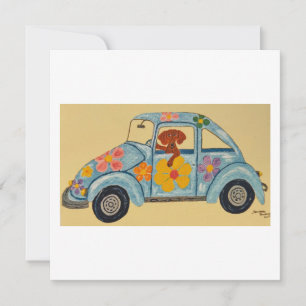 Carte De Remerciements Dachshund dans une voiture hippie