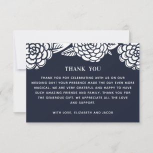 Carte De Remerciements Dahlias blancs. Mariage floral bleu marine moderne