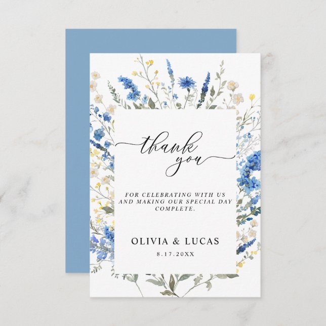 Carte De Remerciements Dainty Dusty Blue Wild Floral Navy Rustique Mariag (Devant / Derrière)