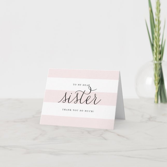 Carte De Remerciements Dainty Script & Pink Stripes Souhait de Soeur (Devant)