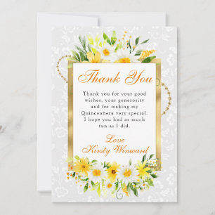 Carte De Remerciements Daisies & Fleurs Jaunes d'Été Quinceanera en Or