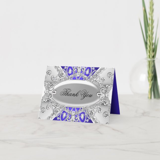 Carte de remerciements Damas argenté et diamant bl (Devant)