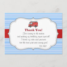 Carte de remerciements d'anniversaire de Firetruck