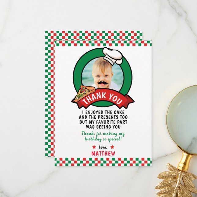 Carte de remerciements d'anniversaire de Pizza (Devant/Arrière en situation)