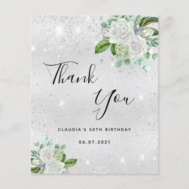 Carte de remerciements d'anniversaire floral blanc (Devant)