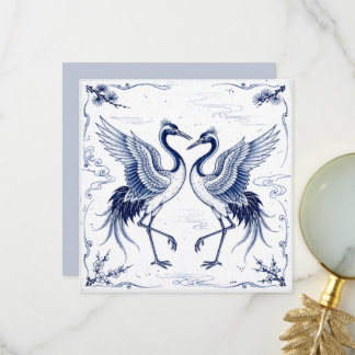 Carte De Remerciements Danse de la grue Style Imari japonais bleu blanc