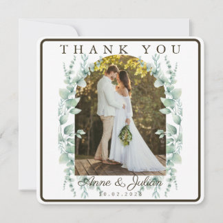 Carte De Remerciements Dark Brown Eucalypthus leaves Wedding W/ 2 photos