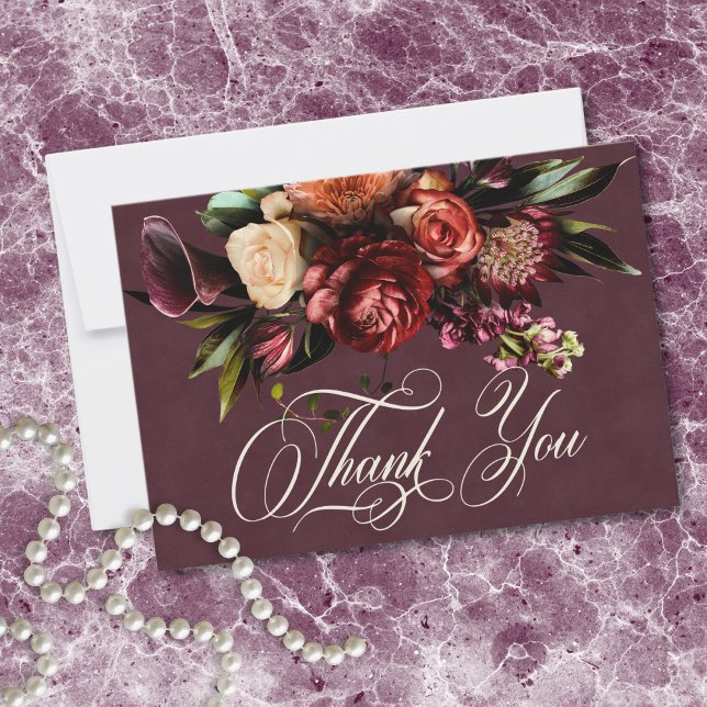 Carte De Remerciements Dark Elegant Autumn Floral Burgundy Wedding (Dark Elegant Autumn Floral Burgundy Wedding Thank You Card)