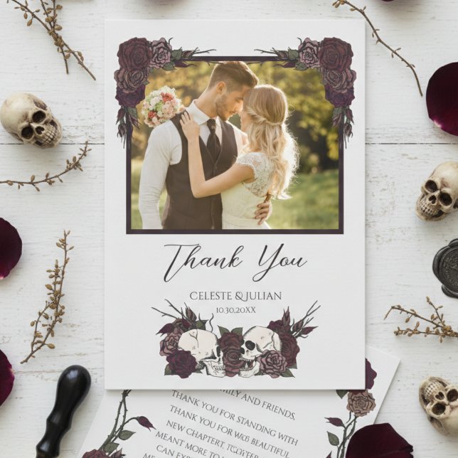 Carte De Remerciements Dark Floral Skull Photo Wedding Thank You Card (Elegant Burgundy Dark Floral Skull and Rose Wedding Thank You Cards, Hand Drawn in Black Ink)