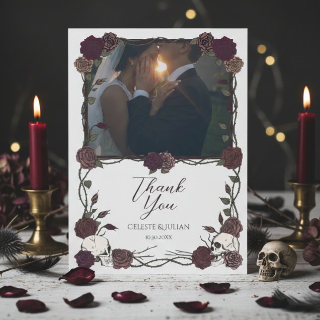 Carte De Remerciements Dark Floral Skull Photo Wedding Thank You Card (Burgundy Soft Dark Floral Gothic or Whimsigoth Wedding Thank You Cards with Photo of Wedding Couple)