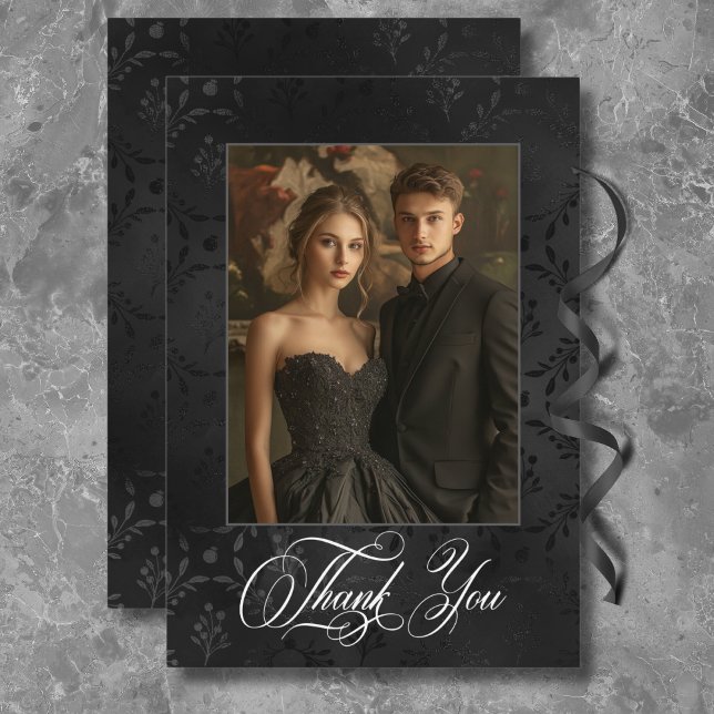 Carte De Remerciements Dark Gothic Black Floral Satin Damask Teal Wedding (Créateur téléchargé)