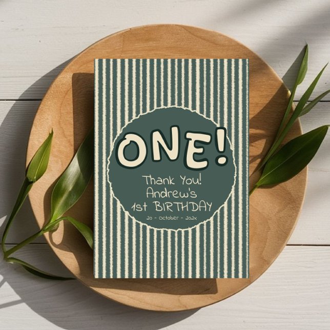 Carte De Remerciements Dark Green Stripes 1st Birthday (Créateur téléchargé)
