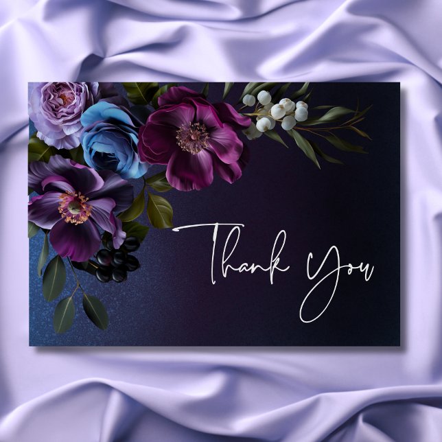 Carte De Remerciements Dark Moody Blue Lavender Floral Moderne Mariage (Dark Moody Blue Lavender Floral Modern Wedding Thank You Card)