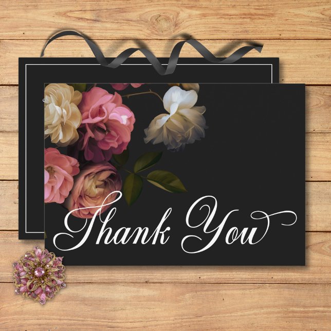 Carte De Remerciements Dark Moody Bourgogne & Cream Peonies Mariage noir (Dark Moody Burgundy & Cream Peonies Black Wedding Thank You Card)