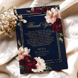 Carte De Remerciements Dark Moody Burgundy Blush Navy Blue Floral Mariage