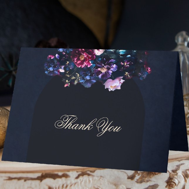 Carte De Remerciements Dark Moody Floral Romantic Mauve Mariage noir (dark moody wedding folded thank you card purple black jewel tones dutch painting romantic gothic)