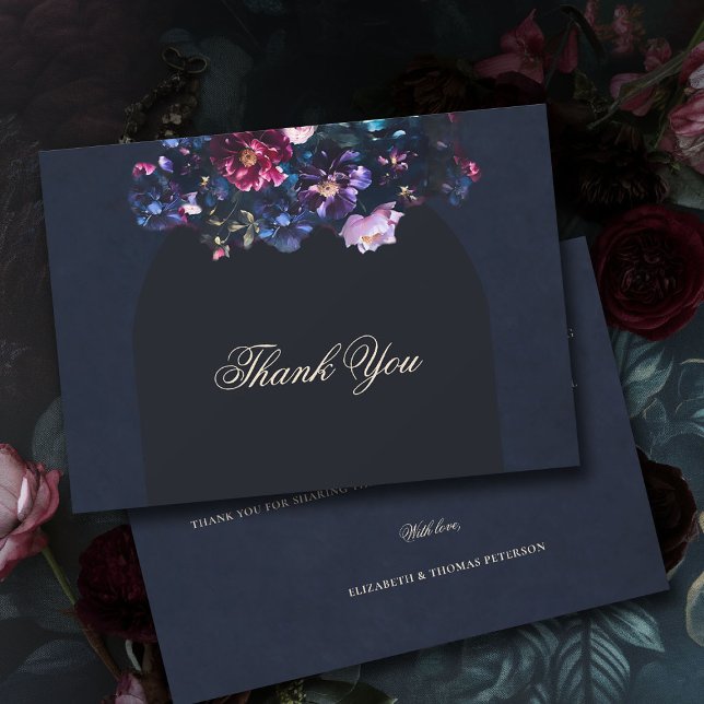 Carte De Remerciements Dark Moody Floral Romantique Black Mauve Mariage (dark moody wedding thank you card purple black jewel tones dutch painting romantic gothic)