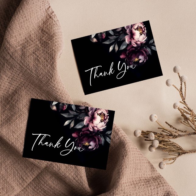 Carte De Remerciements Dark moody noir élégant bordeaux peoné (Dark moody noir elegant burgundy peonies wedding thank you card bridal shower thank you birthday)