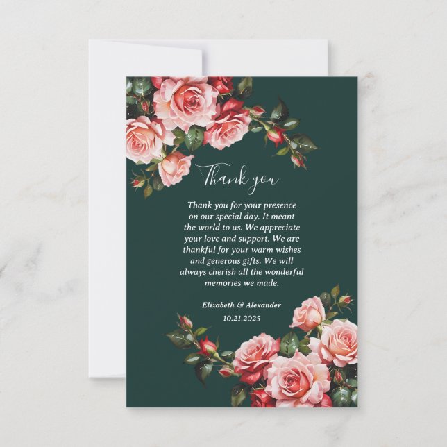 Carte De Remerciements Dark moody pink and red roses green wedding (Devant)