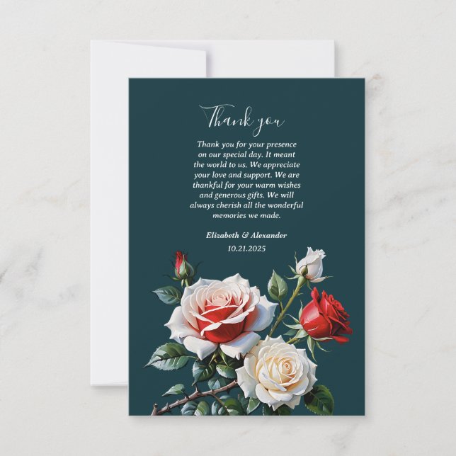Carte De Remerciements Dark Pretty pink white red roses floral wedding  (Devant)