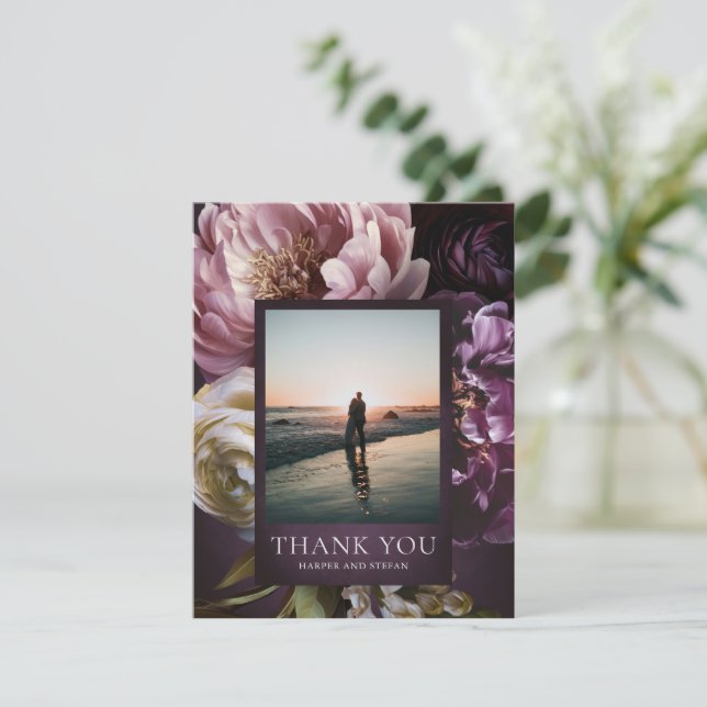 Carte De Remerciements Dark Purple Fine Art Floral Elegant Wedding (Debout devant)