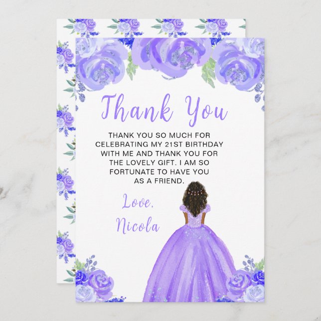 Carte De Remerciements Dark Skin Princess Purple Floral Birthday Party (Devant / Derrière)