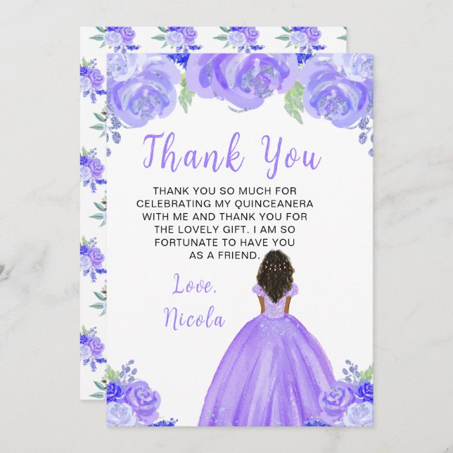 Carte De Remerciements Dark Skin Princess Purple Floral Quinceanera (Devant / Derrière)
