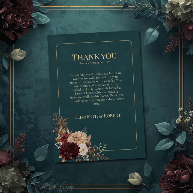 Carte De Remerciements Dark Teal Floral Gothic Wedding Thank You Card (Dark Teal Floral Gothic Wedding Thank You Card on a teal wedding table with vintage flowers.)