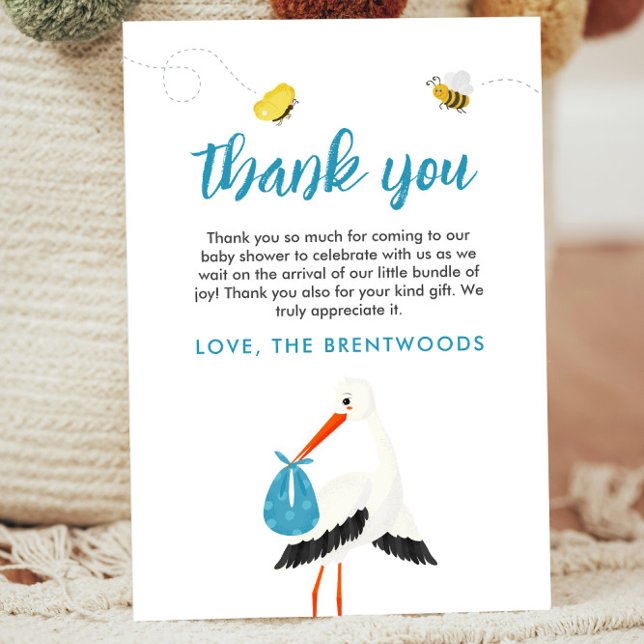 Carte de remerciements de Baby shower à cigogne bl (Blue Thank you card template for baby shower or baby sprinkle with stork, bees and butterflies)