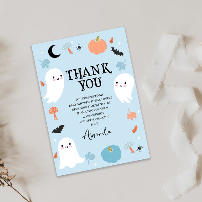 Carte de remerciements de Baby shower bleu moderne (Blue Halloween Baby Shower Thank You Card Boy Fall Halloween Baby Shower Card Instant Download)