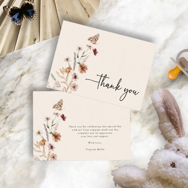 Carte de remerciements de Baby shower Boho (Boho Wildflowers Baby Shower Thank You Card with Butterfly by Painted Paperie
)