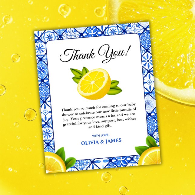 Carte de remerciements de Baby shower citron en ca (Budget Italian Blue Tile Lemon Baby Shower Thank You Card )